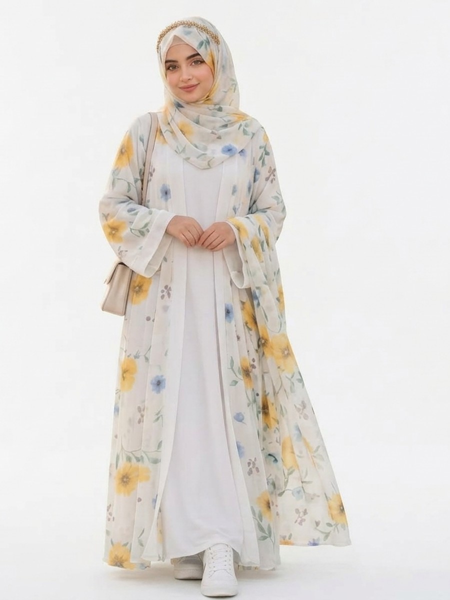 Floral Yellow Chiffon 3-Piece Abaya Set — image 1